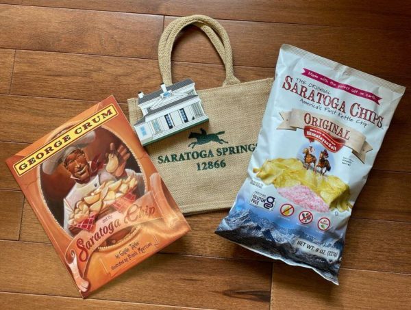 The book George Crum- bag of potato chips-cats meow of Moon Lake and a small tote