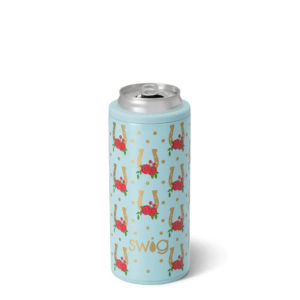 Skinny can cooler-light blue-gold horseshoes-red roses all over