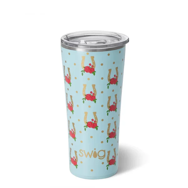 Travel mug-light blue-gold horseshoes-red roses all over