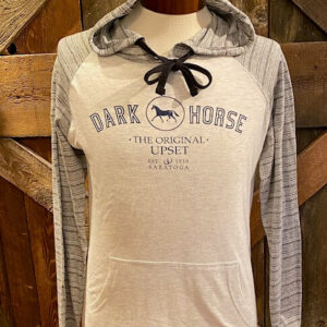 Hooded tee- raglan sleeves and hood in a heather ecru/white stripe- body in heather ecru-The Dark Horse-The original Upset- Est 1919- Saratoga- on chest