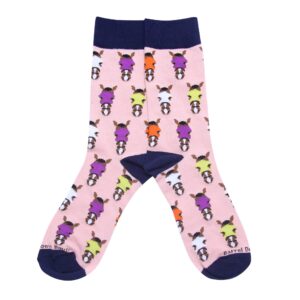 Pink socks- horses with different color blinkers-yellow-purple-orange-white