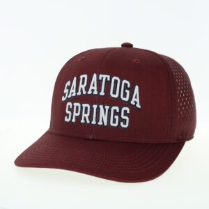 Maroon cap- applique on crown "Saratoga Springs" in white