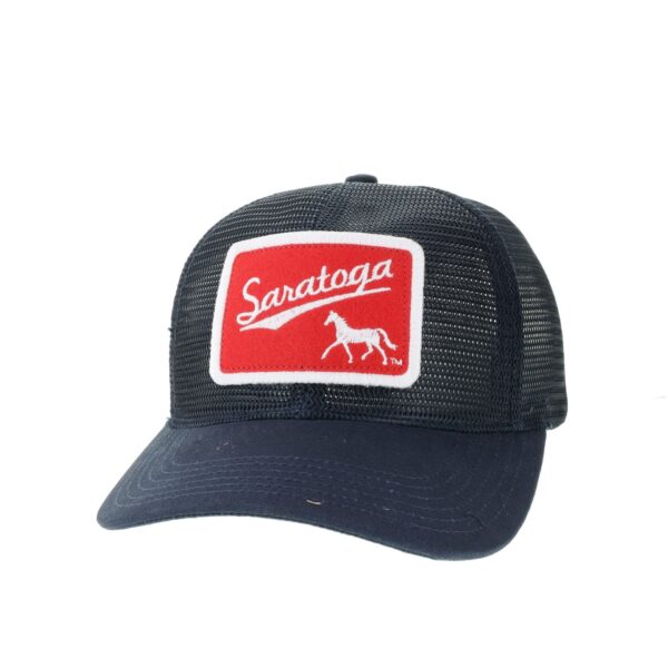 Navy mesh baseball cap- cotton visor- Red patch trimmed in white- Saratoga and horse in white