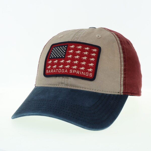 Patriotic cap- front color khaki with American flag of race horses and Saratoga Springs- Brim is weathered Navy- back burgundy
