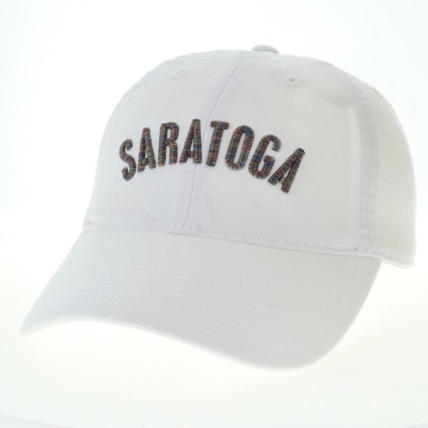 White baseball relaxed twill cap- Saratoga on front cap- embroidered in a Rainbow