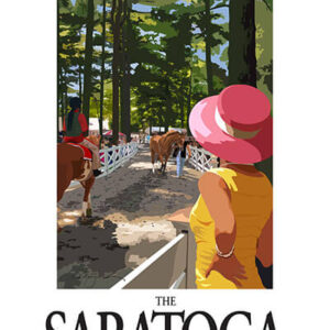 2023 tavers poster- lady in yellow dress- red hat-paddock-trees in the distance