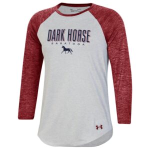 baseball style tee- grey body- cardinal 3/4 sleeve- DARK HORSE across chest- SARATOGA under -horse below