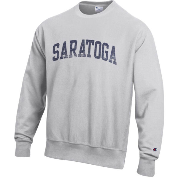 Grey crew sweatshirt-SARATOGA across chest in navy