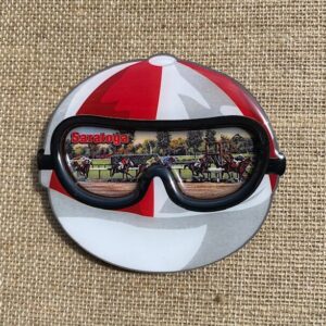 Red and white jockey cap-inside jockey glasses is an image of saratoga racetrack