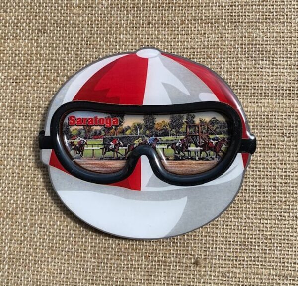 Red and white jockey cap-inside jockey glasses is an image of saratoga racetrack