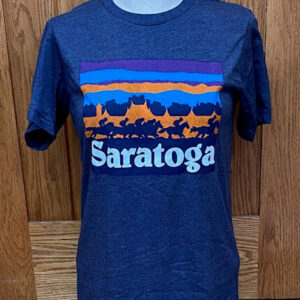 navy tee with skyscape design of Grandstand at Saratoga Racetrack. Silhouette of racing horses