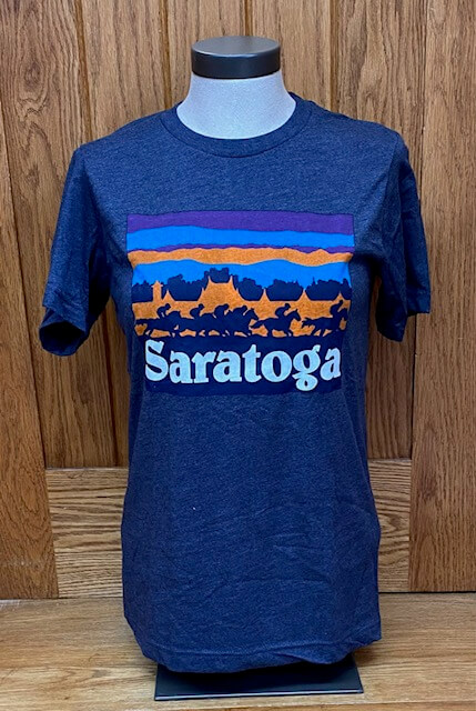 navy tee with skyscape design of Grandstand at Saratoga Racetrack. Silhouette of racing horses