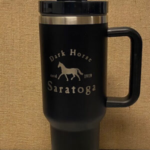 Black travel mug- features Dark Horse- Estd 1919- Saratoga