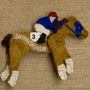 wool horse shaped ornament with a jockey-blue silks- Saratoga Springs NY