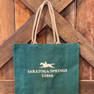 Green jut tote bag-tan handles- Saratoga springs with a horse and zip code on both sides- 12866