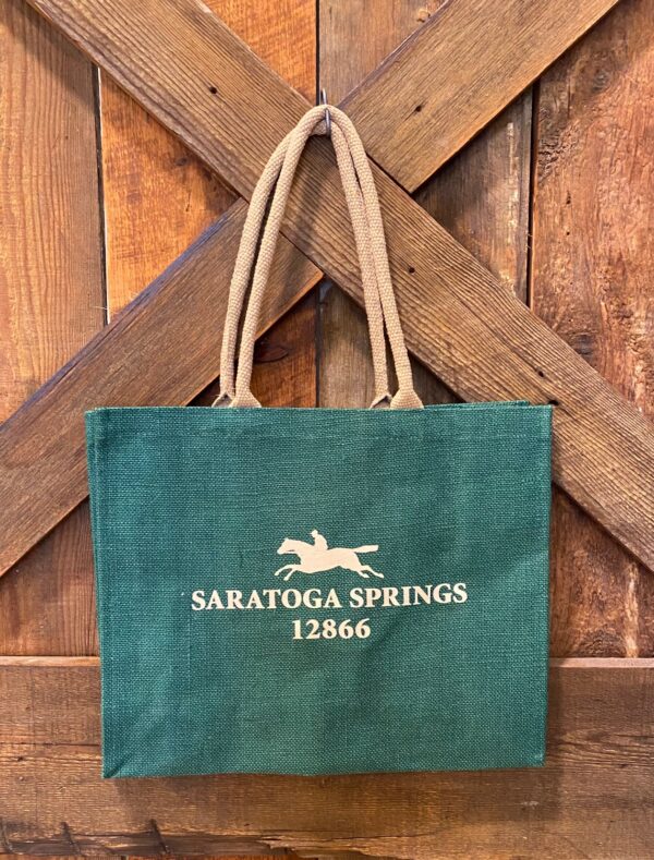 Green jut tote bag-tan handles- Saratoga springs with a horse and zip code on both sides- 12866