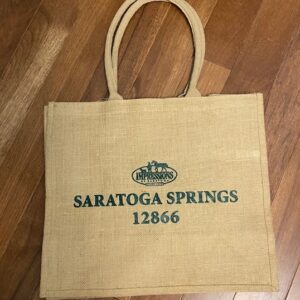 Jute tote bag Saratoga Springs and 12866 in green letters