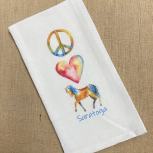 White tea towel- peace sign- heart- horse- saratoga- in pastel color