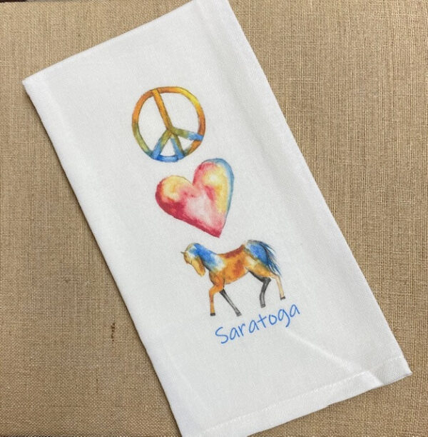 White tea towel- peace sign- heart- horse- saratoga- in pastel color