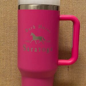 Pink travel mug- features Dark Horse- Estd 1919- Saratoga