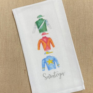 white tea towel- three jockey silks- green -orange- blue- Saratoga
