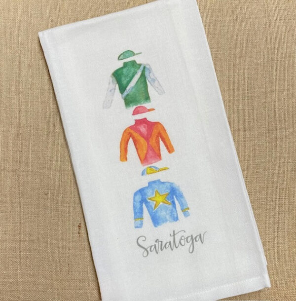 white tea towel- three jockey silks- green -orange- blue- Saratoga