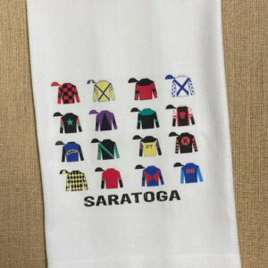 white tea towel featuring 16 different jockey silks- Saratoga
