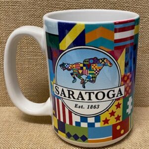 Saratoga coffee mug covered with bright jockey silks all over