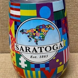 Saratoga wine tumbler covered with bright jockey silks all over