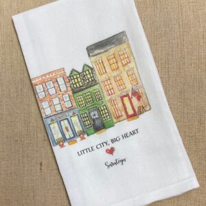 white tea towel- three buildings- words Little city, Big heart- Saratoga