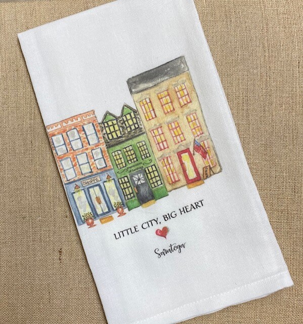 white tea towel- three buildings- words Little city, Big heart- Saratoga