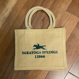 small jute tote features Saratoga Springs-12866- race horse in green