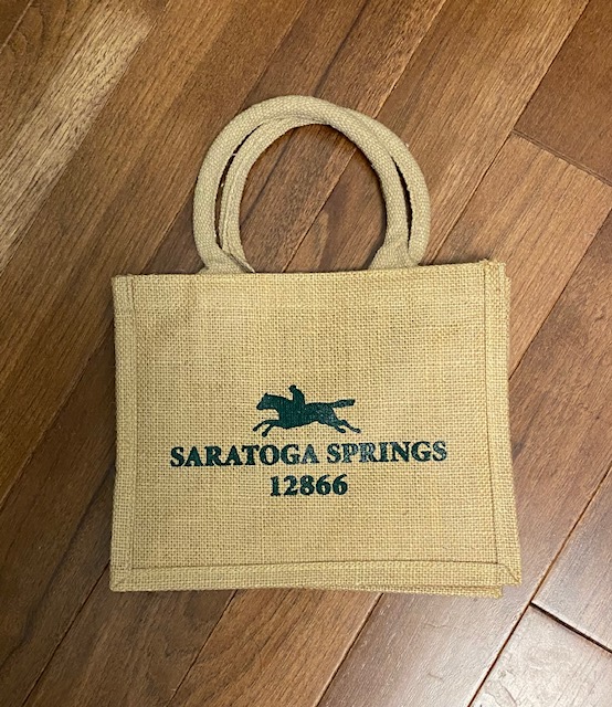 small jute tote features Saratoga Springs-12866- race horse in green