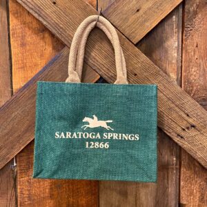 Green jut tote bag-tan handles- Saratoga springs with a horse and zip code on both sides- 12866