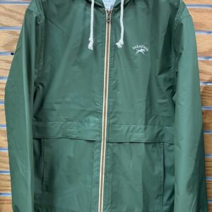 full zip- green- hooded raincoat- saratoga and racehorse left chest in white