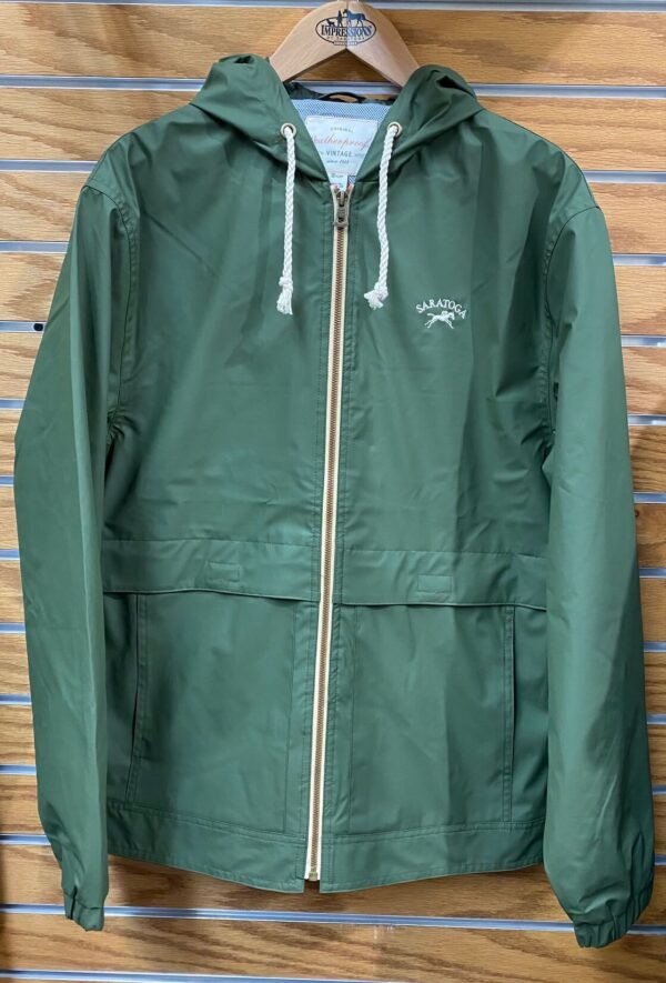 full zip- green- hooded raincoat- saratoga and racehorse left chest in white