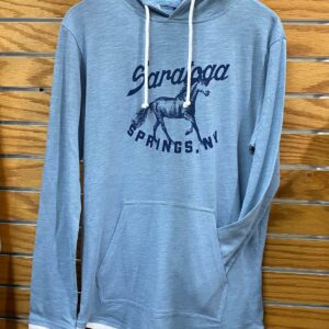 denim- lightweight hoodie- Saratoga Springs, NY and horse in navy across chest