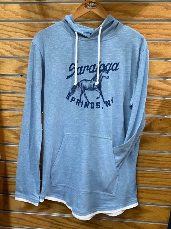 denim- lightweight hoodie- Saratoga Springs, NY and horse in navy across chest
