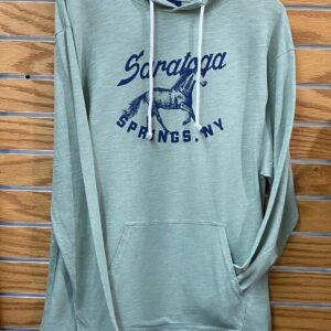 greenstone- lightweight hoodie- Saratoga Springs, NY and horse in blue across chest
