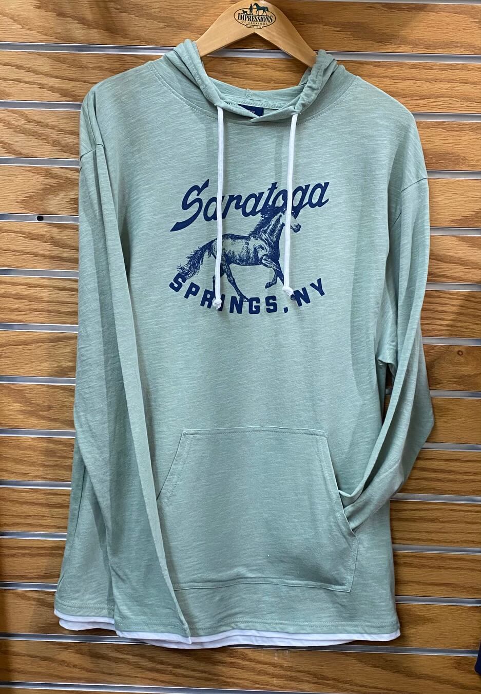 greenstone- lightweight hoodie- Saratoga Springs, NY and horse in blue across chest