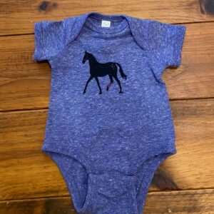 purple baby onesie- black horse on chest