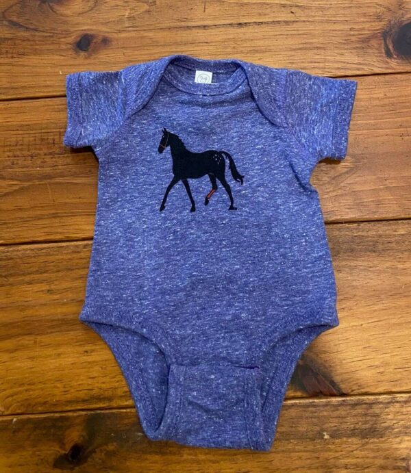 purple baby onesie- black horse on chest