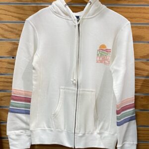 full zip-white hoodie-pastel stripes on arms- pastel design on chest- field-horses-saratoga