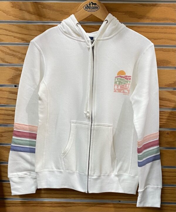 full zip-white hoodie-pastel stripes on arms- pastel design on chest- field-horses-saratoga