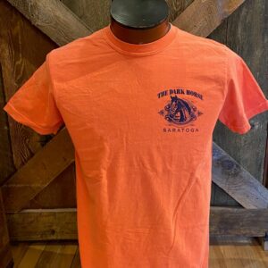 short sleeve tee in salmon color- left chest an image of a horse-Dark Horse-Saratoga-Navy