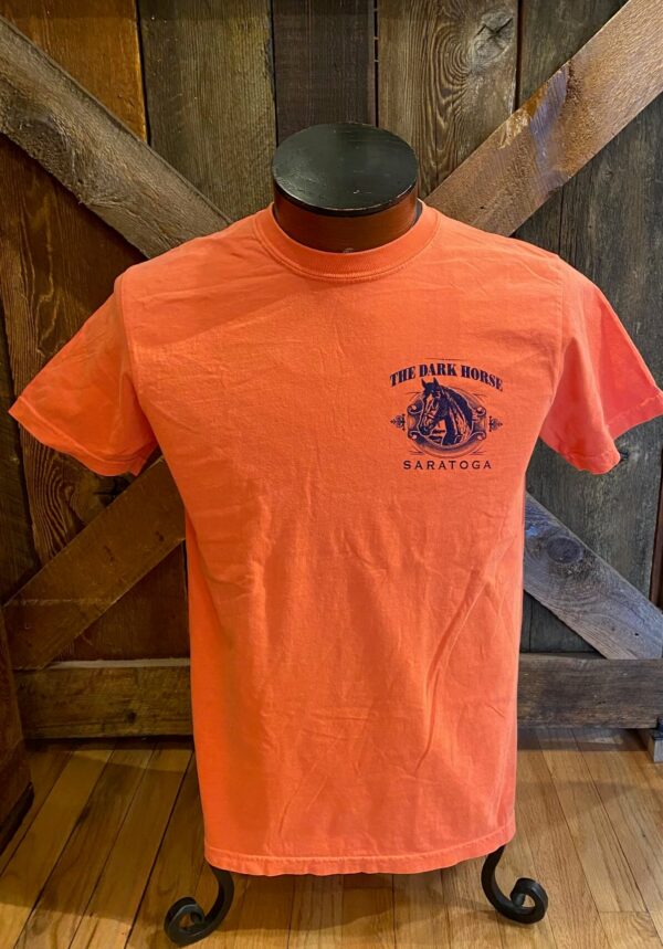 short sleeve tee in salmon color- left chest an image of a horse-Dark Horse-Saratoga-Navy