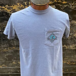 short sleeve tee in Blue Jean color- left chest pocket an image of a horse- Saratoga- Both in a triangle shape - navy and teal
