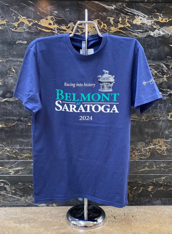 Navy tee shirt- Racing in history-Belmont-Saratoga springs- 2024