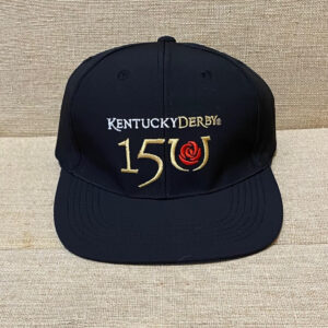 Black baseball style cap in black-features Kentucky Derby- 150- red rose