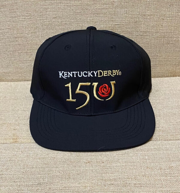 Black baseball style cap in black-features Kentucky Derby- 150- red rose